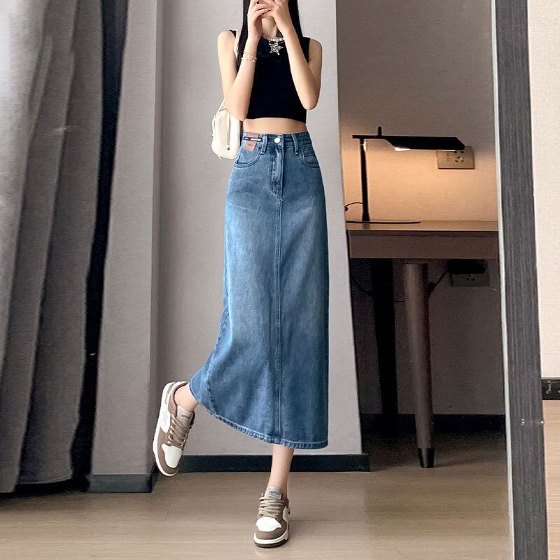 韩版开叉牛仔裙女新款小众皮牌设计复古高腰直筒a字包臀半身裙子