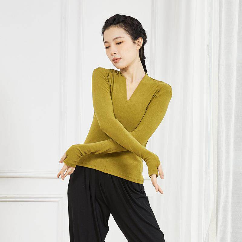 现代舞春季新款蹈服女练功服艺考服上衣长袖套指形体训练黑色拉丁