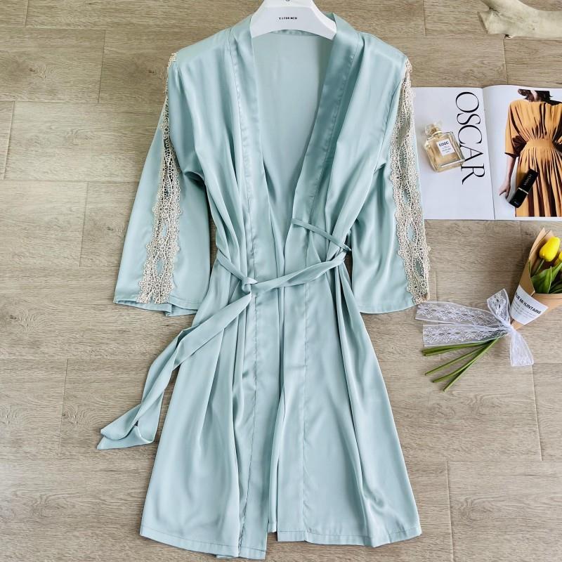2025新款欧美睡袍女睡衣仿真丝睡裙系带浴袍春夏单件外袍