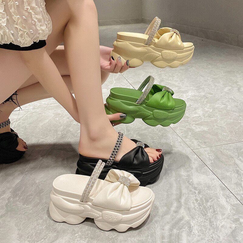 蝴蝶结一字凉拖韩版厚底拖鞋女夏季外穿双穿圆头新款松糕女鞋潮