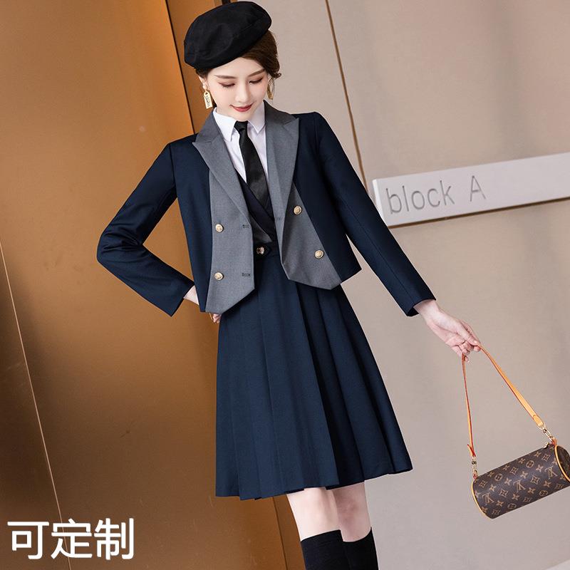 英伦学院风西装连衣裙套装女JK制服秋休闲小个子百褶裙套裙两件套