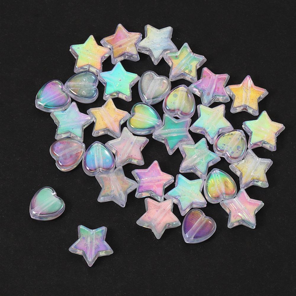 100颗 透明ab彩穿孔珠子吊坠 塑料星星爱心幻彩珠DIY项链饰品配件