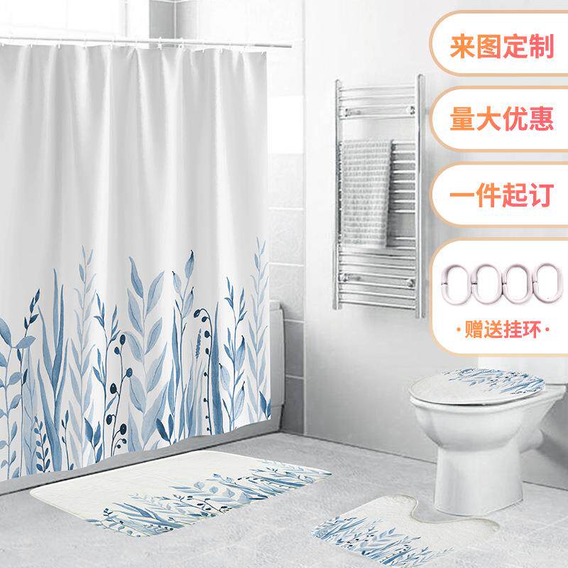 源头厂家 蓝色叶子全涤数码印花浴帘 防水浴帘浴帘四件套走量高性价比高么？