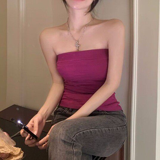 夏季新款辣妹外穿短款chic显弹力抹胸内搭上衣无肩带背心女