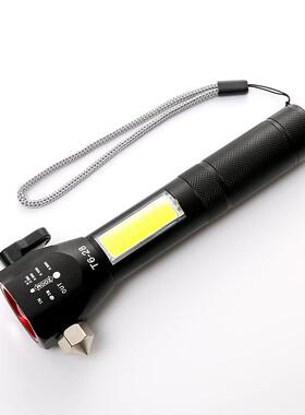 新款多功能USB充电T628手电筒户外带安全锤cob侧灯强光照明手电筒