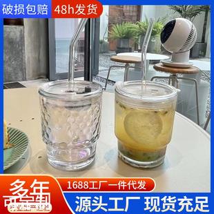 饮料咖啡杯带盖透明吸管杯印字 ins炫彩镭射竹节杯办公室玻璃水杯