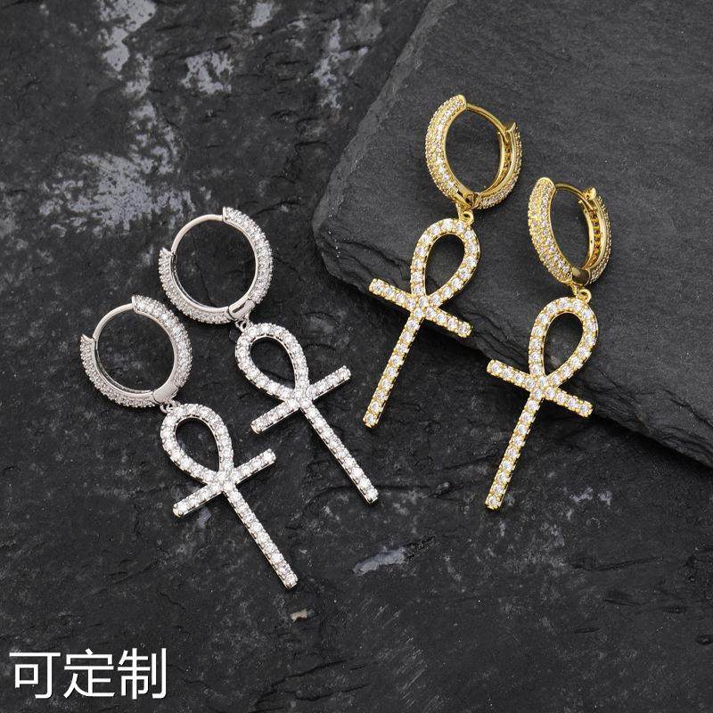 欧美INS爆款安赫钥匙嘻哈男女铰链圈耳坠满锆石潮牌个性耳饰bling