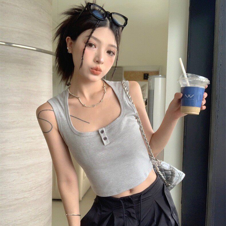 春款欲方领扭扣运动背心内搭带胸垫打底内衣外穿短款上衣女