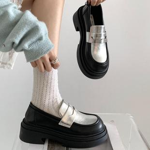 复古黑色英伦风圆头百搭厚底小皮鞋女2025新款夏季粗跟增高乐福鞋