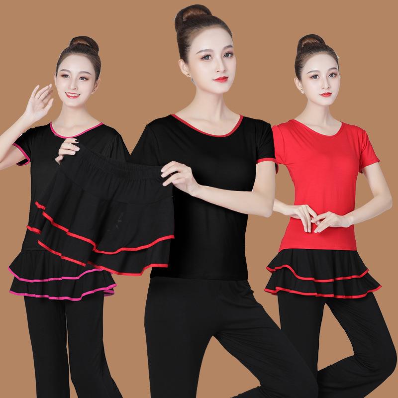 2025新款广场舞短袖套装舞蹈服演出套裙大妈跳舞服装女三件套衣服
