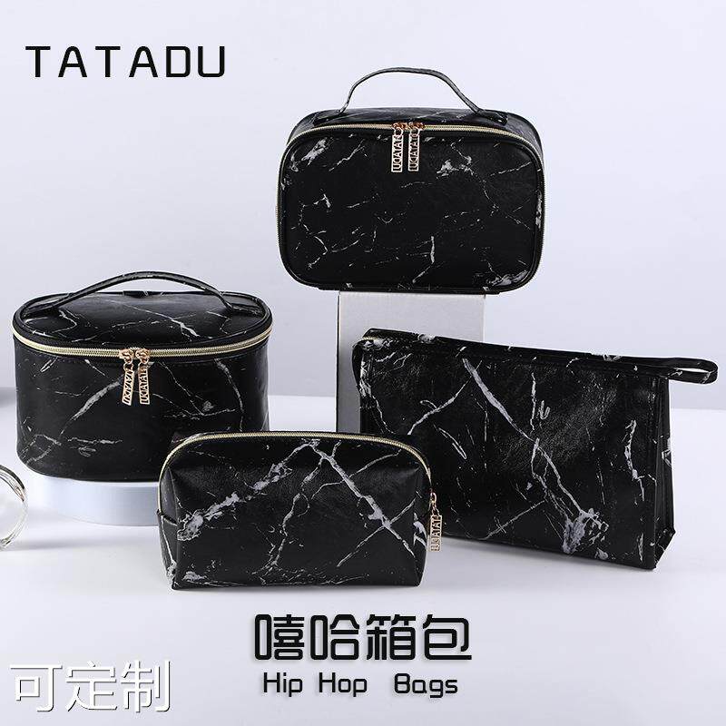 简约大理石黑色款化妆包时尚大容量收纳包个性pu皮手提便携洗簌包