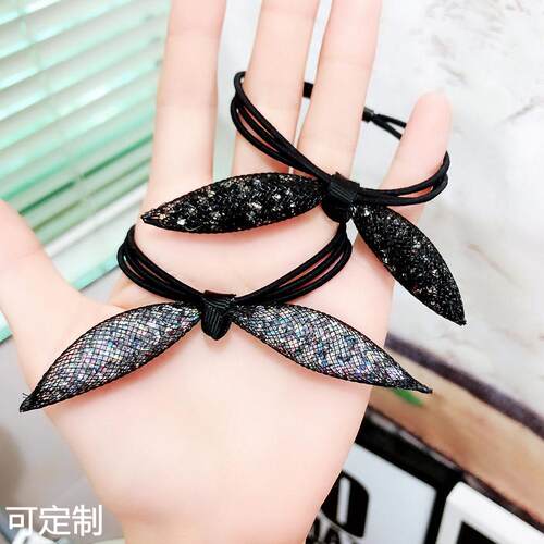 C104-2韩国满满水晶七彩钻可爱兔耳朵发圈 三层皮筋弹力头绳