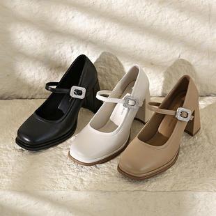 新款 2027春季 时尚 粗跟单鞋 法式 软皮小香风一字带高跟鞋 玛丽珍女鞋