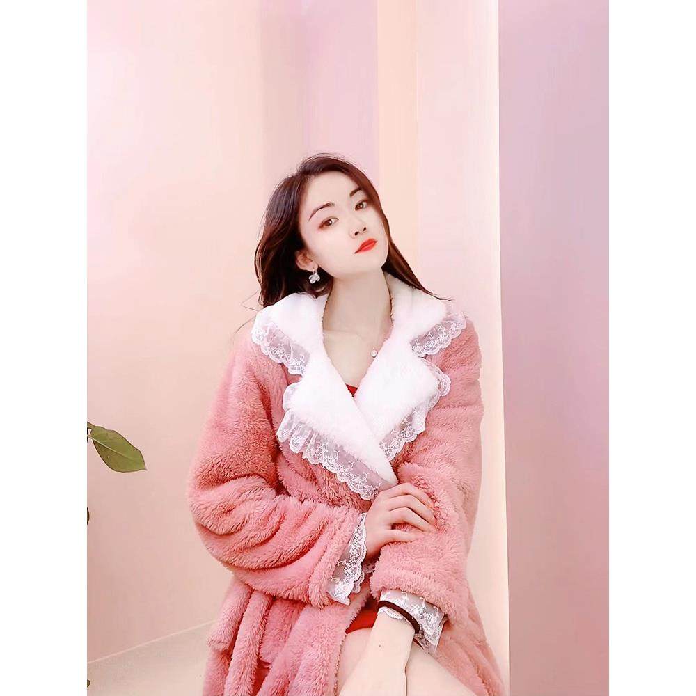 睡衣女睡袍两件套装加厚甜美仙女风家居服秋冬保暖加绒浴袍晨袍