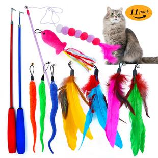 新款猫玩具套装毛毛虫羽毛小鱼替换头可伸缩魔杖钓鱼竿逗猫棒