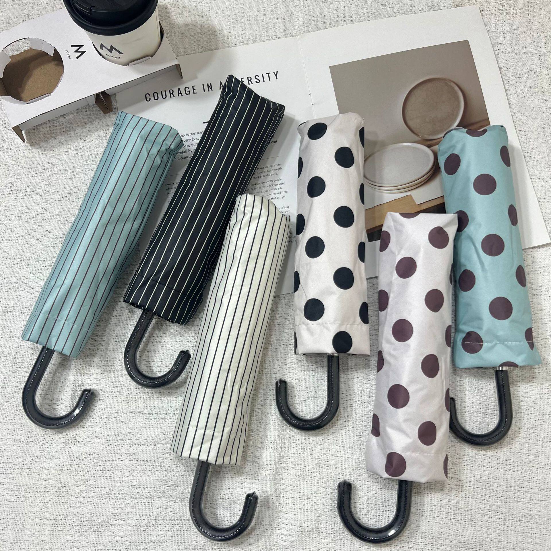 出口韩国波点弯柄防晒遮阳伞黑胶晴雨两用伞女轻巧手动折叠雨伞便