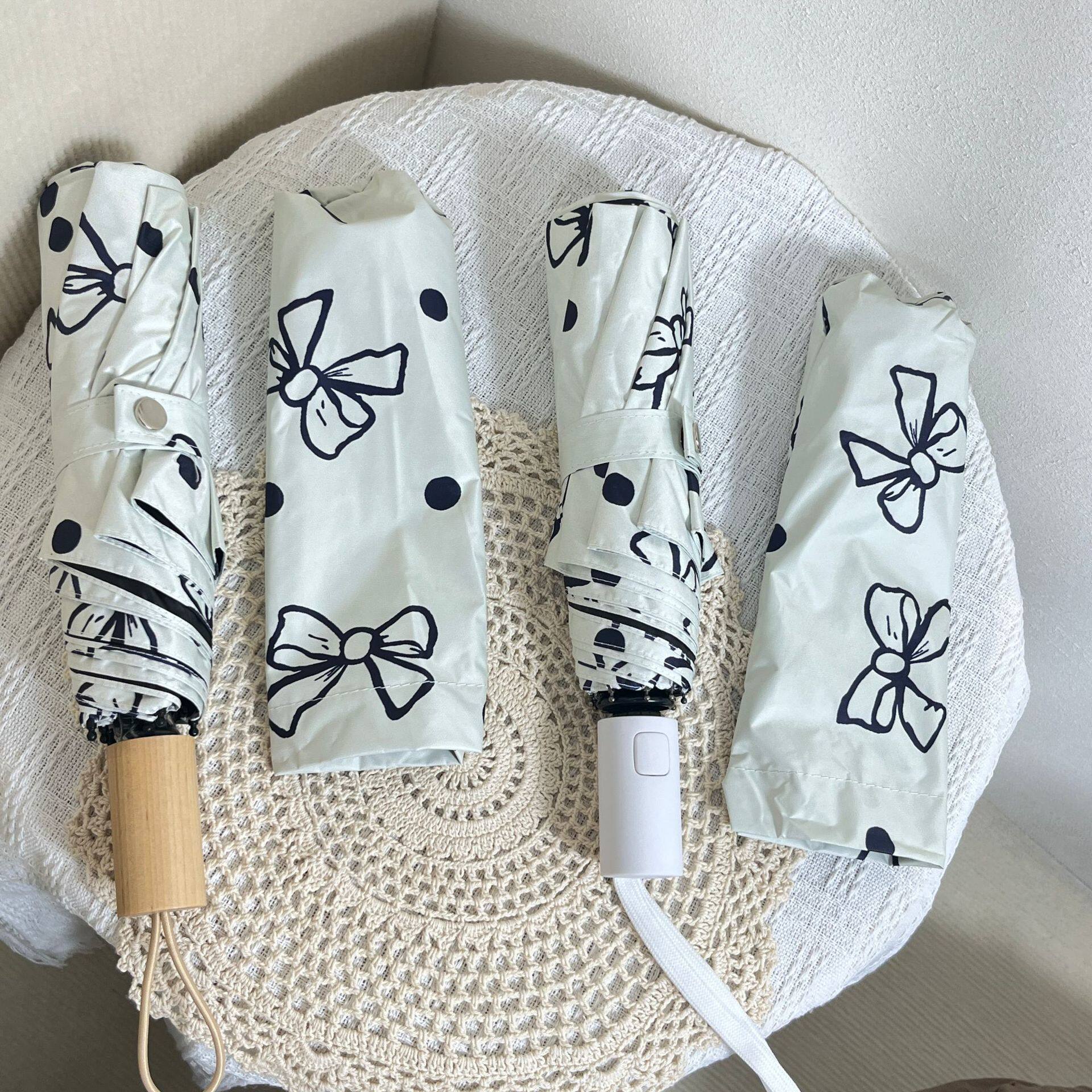 韩国ins蝴蝶结波点自动防晒伞晴雨两用太阳伞三折黑胶遮阳伞广告