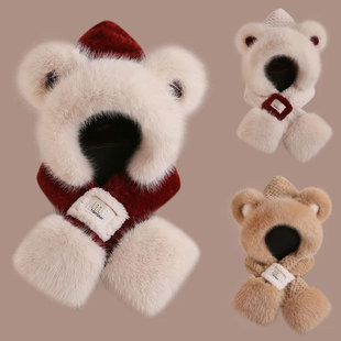 儿童可爱小熊帽子围巾一体女童男童秋冬季毛绒加厚保暖宝宝护耳帽