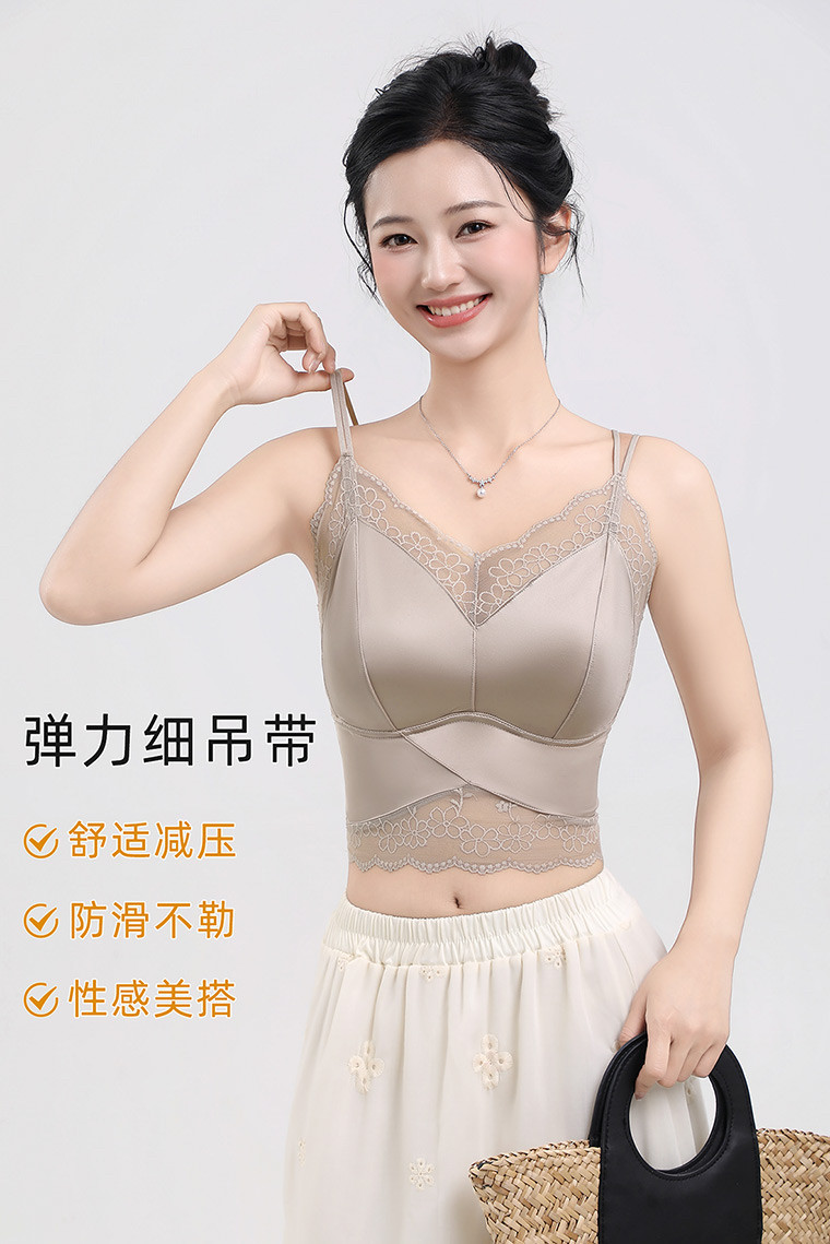 法式蕾丝缎面吊带背心女内搭双肩带一体式美背文胸性感内衣女短款