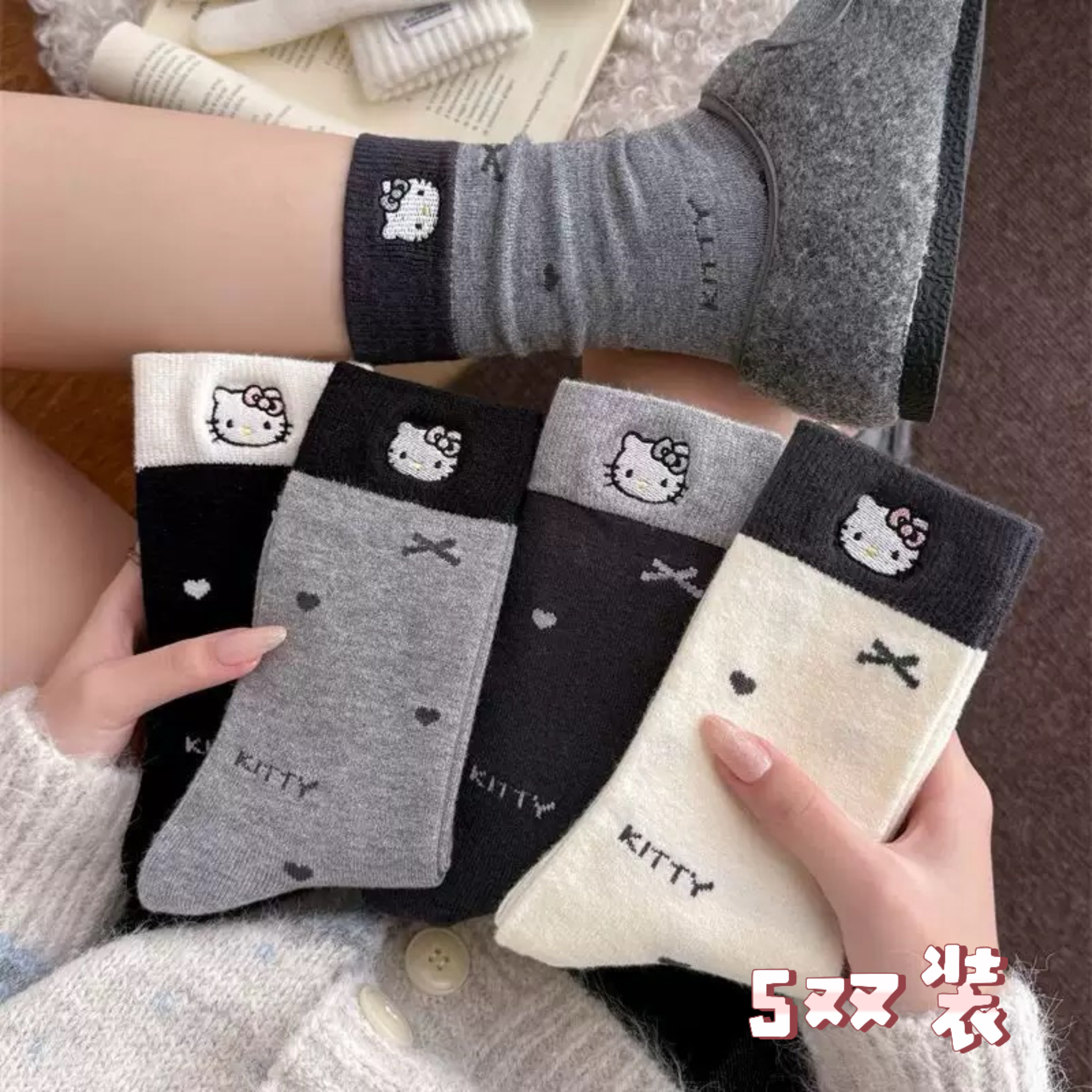 日系复古甜美袜子可爱卡通KT猫提花中筒袜学院风少女百搭堆堆袜子