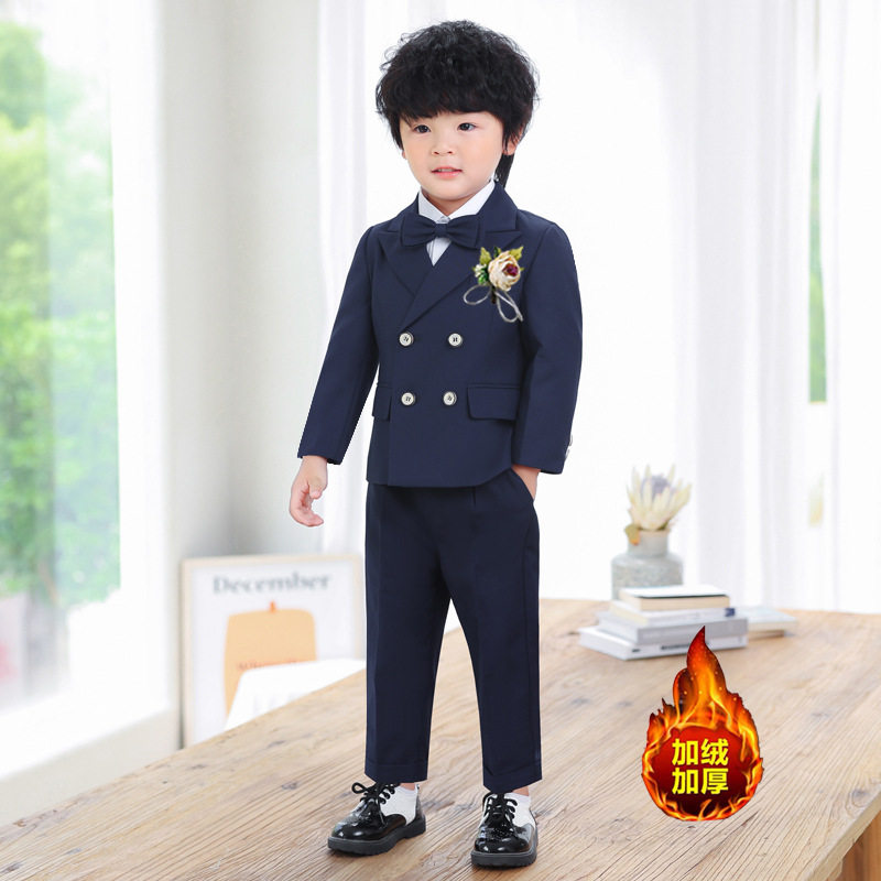 儿童加绒西装套装男童秋冬花童婚礼服宝宝周岁小童西服钢琴演出服