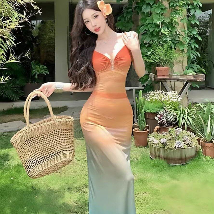 日落裙绝美晕染渐变泳衣女比基尼泰国三亚海边度假包臂鱼尾长裙