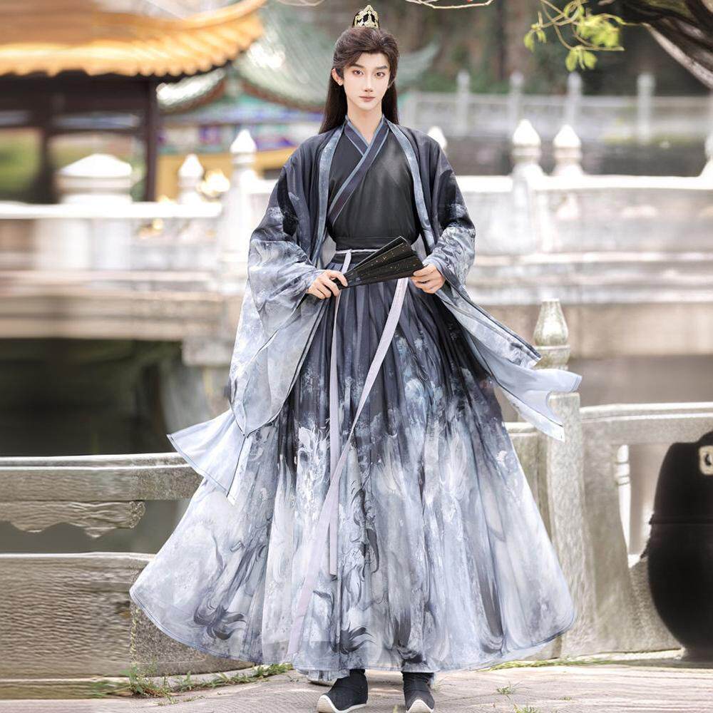新款魏晋风古装同款情侣套装宋制印花男士汉服墨竹白色日常可穿