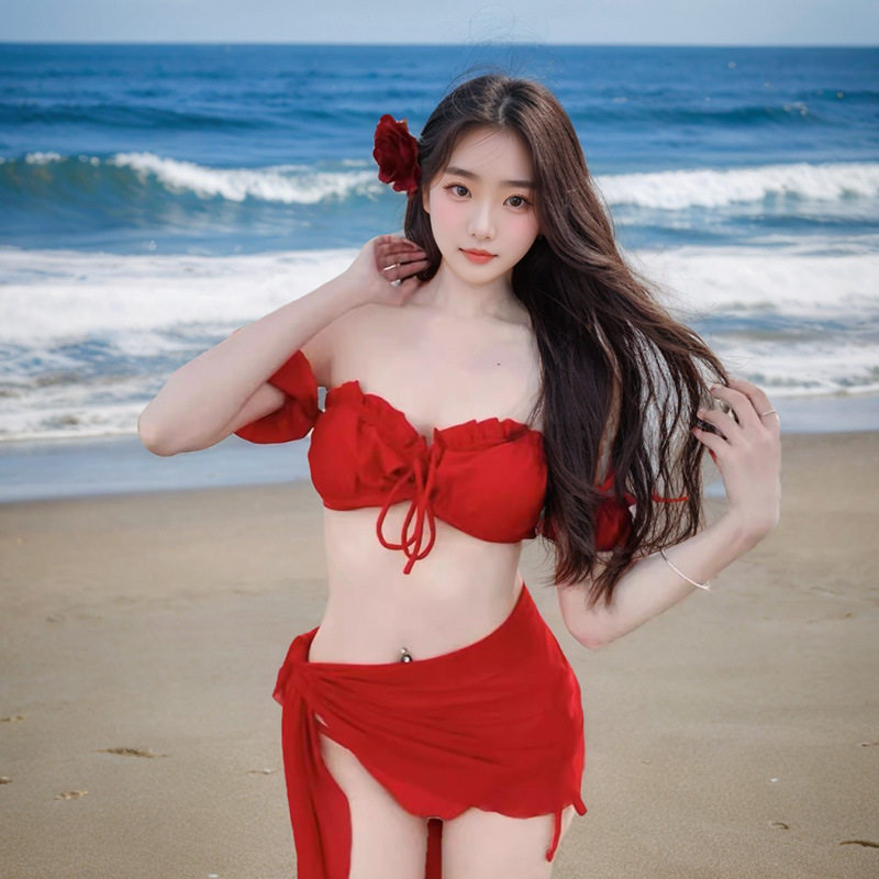 2026新款网红同款性感欧美风复古红色比基尼分体泳衣女纯欲泳装