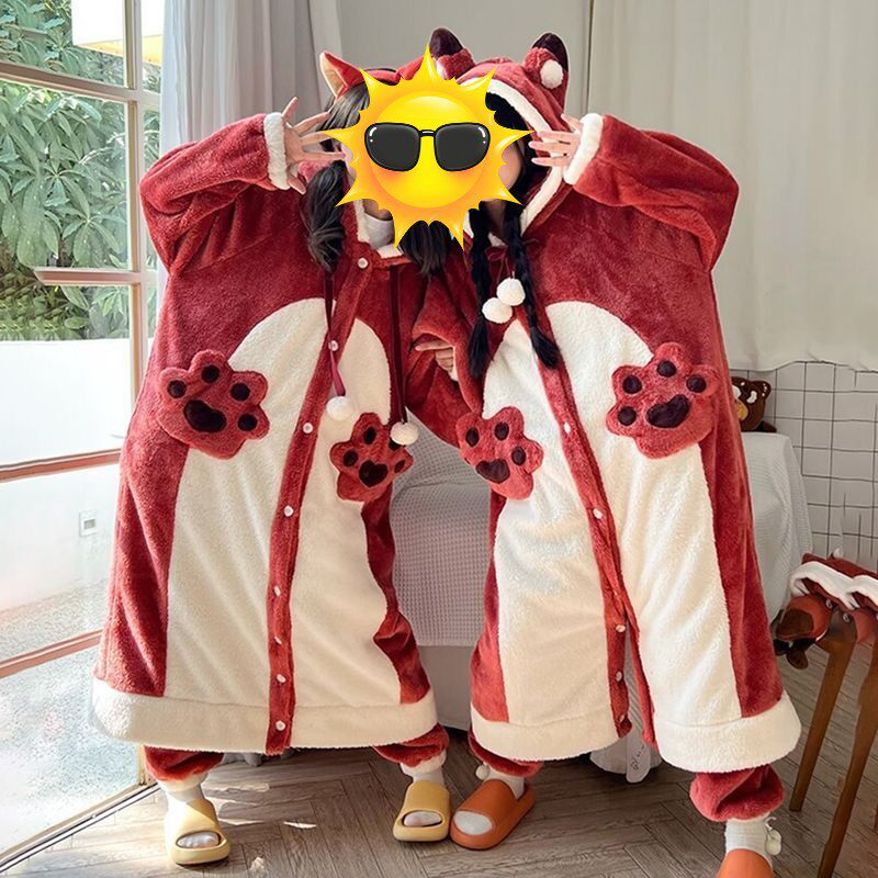 2026新款珊瑚绒睡袍女冬季狐狸加绒加厚2026年新款法兰绒睡衣套装