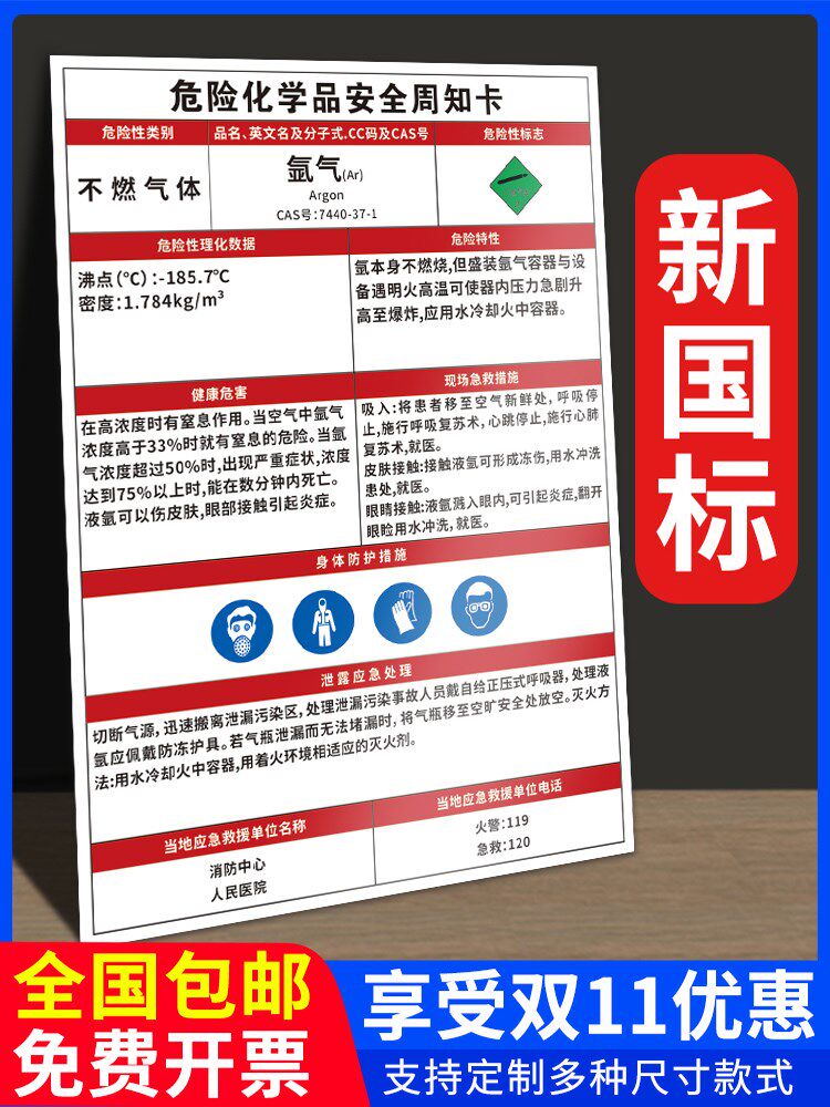 氩气危险化学品安全周知卡危险源告知牌危险废物管理标识牌易燃有毒
