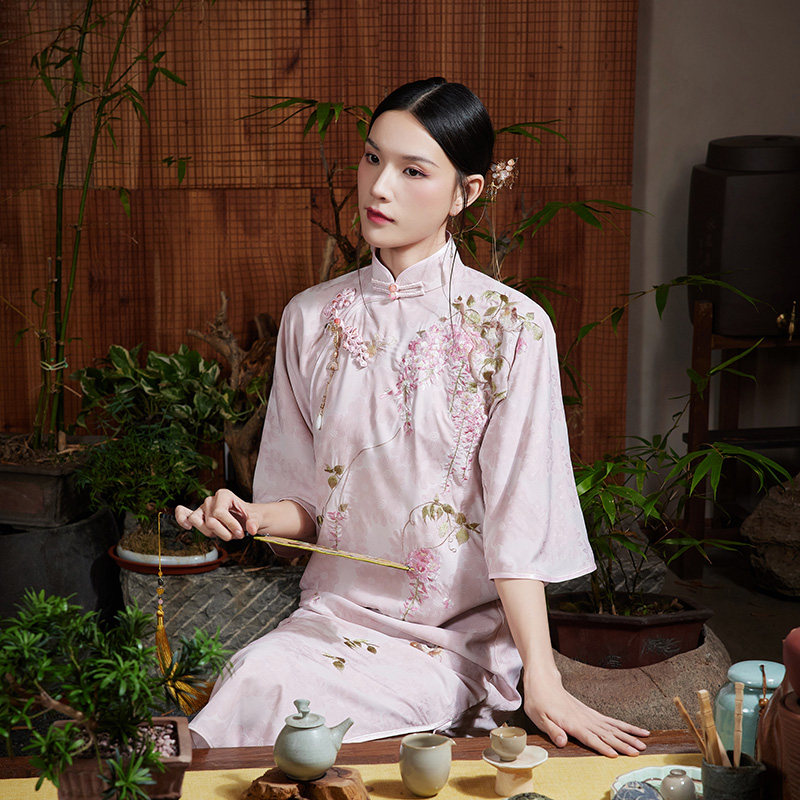 陌遇复古改良提花缎旗袍连衣裙