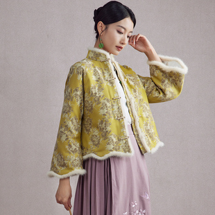 陌遇2025秋冬新款中国风复古水貂毛镶边短款唐装上衣中式棉袄外套