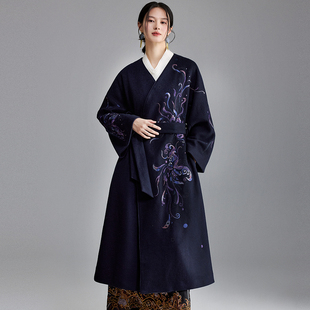 陌遇原创秋冬新款 优雅气质国风羊毛呢大衣 新中式绣花貉子毛外套