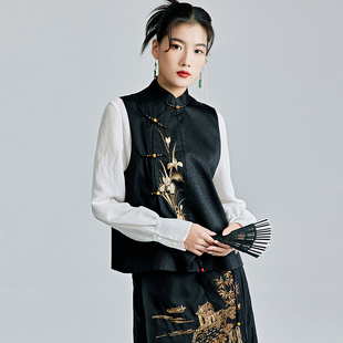 陌遇2025春季中国风新款改良黑色刺绣盘扣背心新中式唐装马甲上衣