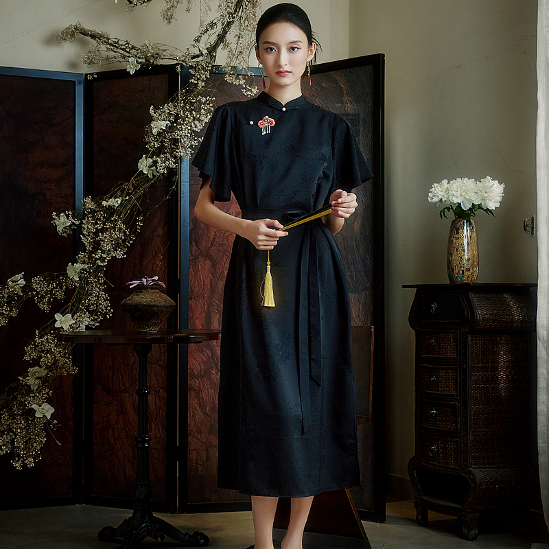 丨墨影丨提花缎设计感束腰旗袍裙