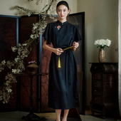 中国风复古改良提花缎立领设计感旗袍中式 陌遇 墨影 束腰连衣裙