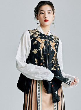 陌遇2025年春季新款中国风原创复古改良重工绣花黑色唐装马甲上衣