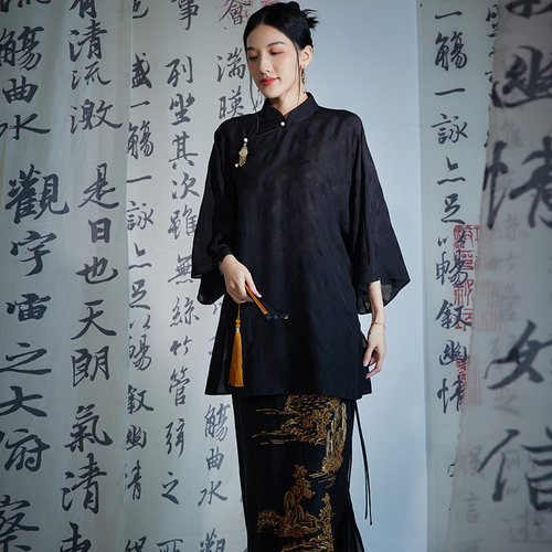 陌遇天丝提花2025唐装中长款上衣