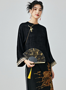 陌遇2025年秋季新中式提花缎素雅茶服打底衫简约国风圆领唐装上衣