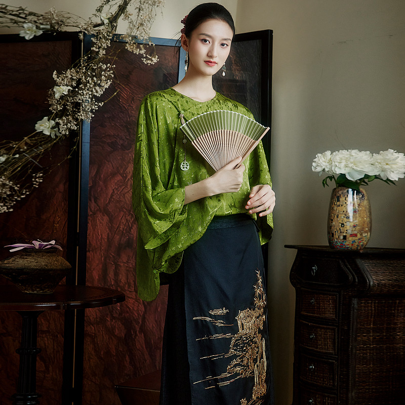 陌遇中国风提花缎圆领茶服衬衫