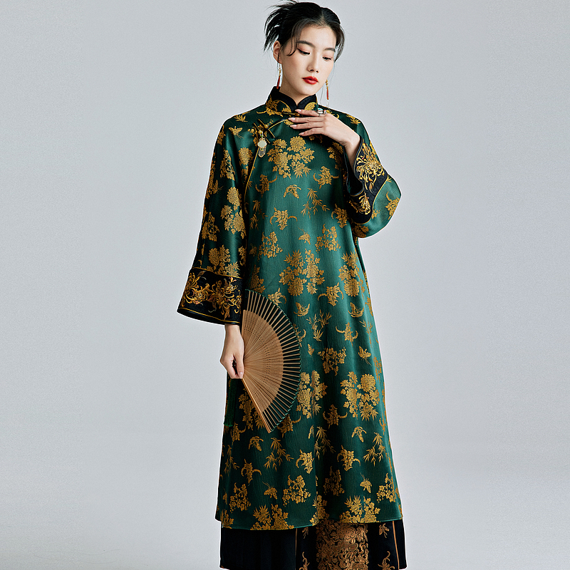 陌遇中国风提花缎刺绣旗袍连衣裙