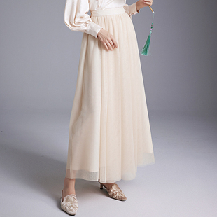 陌遇原创2025秋新款高端素雅双层网纱松紧腰长裙新中式时尚半身裙