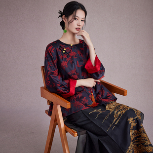 陌遇原创2025秋冬新款 复古提花茶服衬衫 新中式改良红色唐装上衣