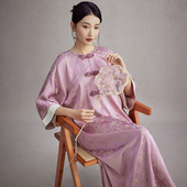 陌遇2025春夏新款 晨袍旗袍连衣裙 中国风复古改良圆领提花新中式