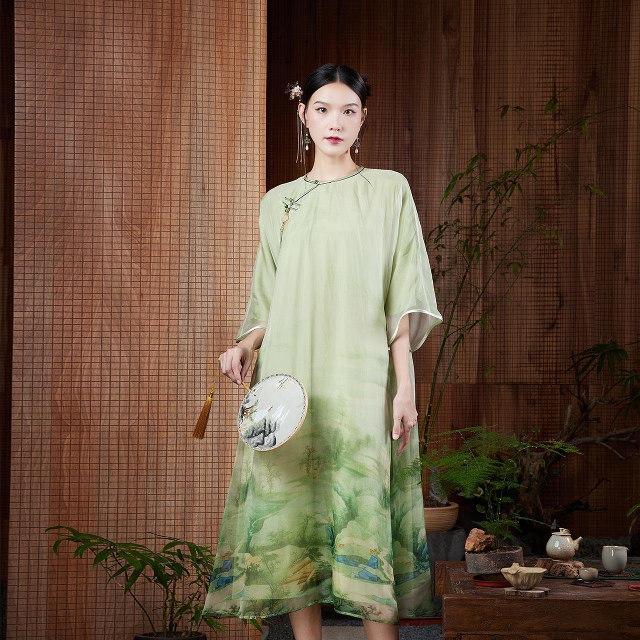 陌遇丨如茵丨夏季中国风女装新款复古改良真丝印花中式旗袍连衣裙,女装/女士精品,旗袍,淘宝优惠券,粉丝福利购,淘宝优惠卷