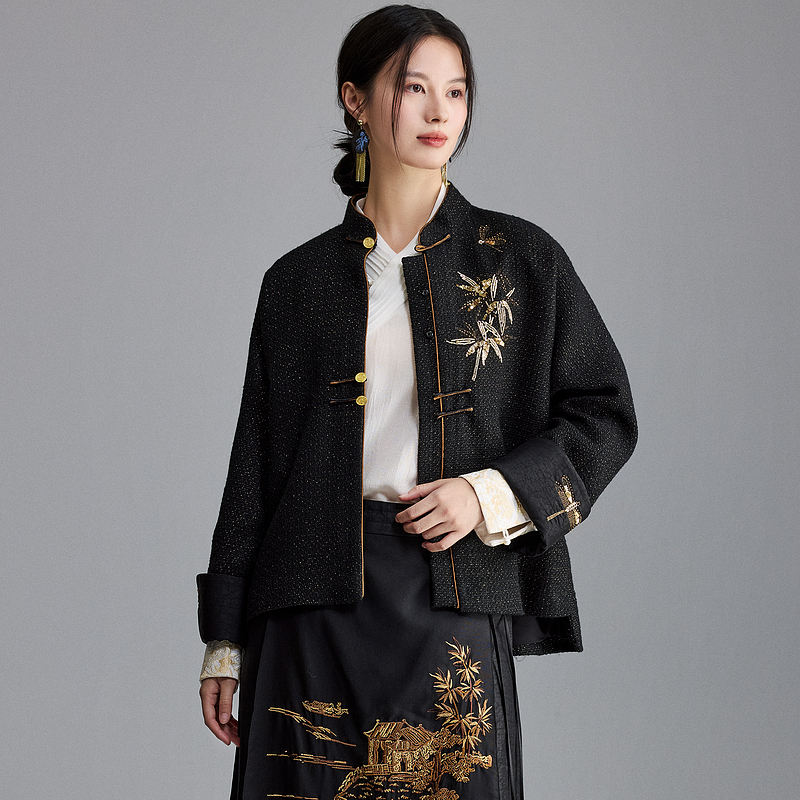 陌遇高级感织金毛呢唐装上衣外套