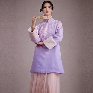 陌遇秋冬新款 设计感欧根纱渐变气质国风棉衣 新中式优雅唐装上衣