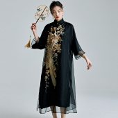 陌遇2025年春夏中国风新款 复古连衣裙 100%真丝重工刺绣旗袍新中式