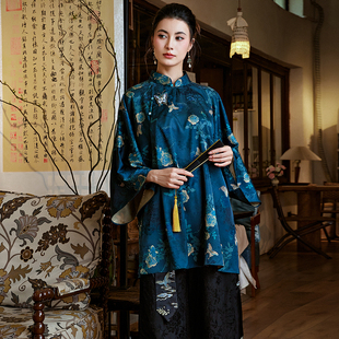 陌遇丨青霭丨中国风夏季新款花萝印花中长款太太服新中式唐装上衣