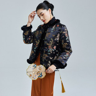 陌遇2025冬季新款改良獭兔毛镶边圆领盘扣棉衣新中式复古唐装外套